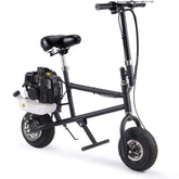 A black scooter with a gas engine, highlighting its sporty look and compact frame against a neutral background.